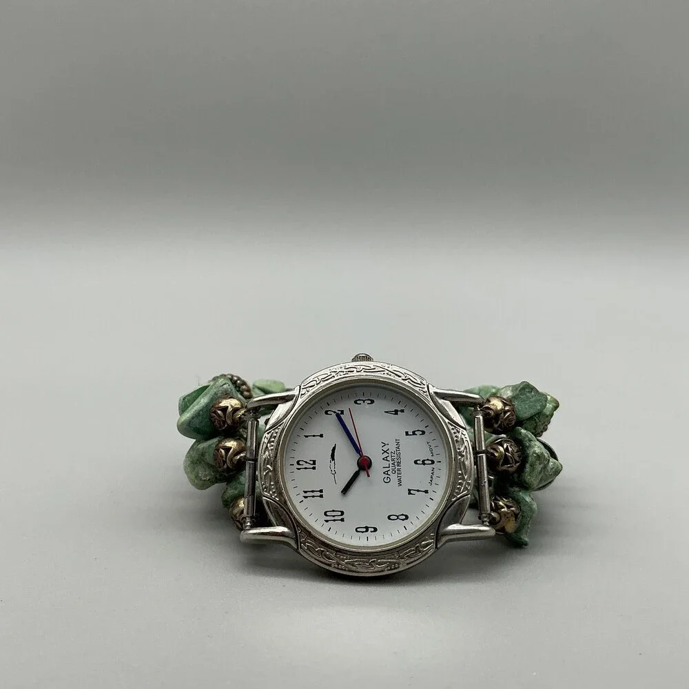 Galaxy Womens Watch 32mm Silver Tone Green Stone Beaded New Battery 7.25